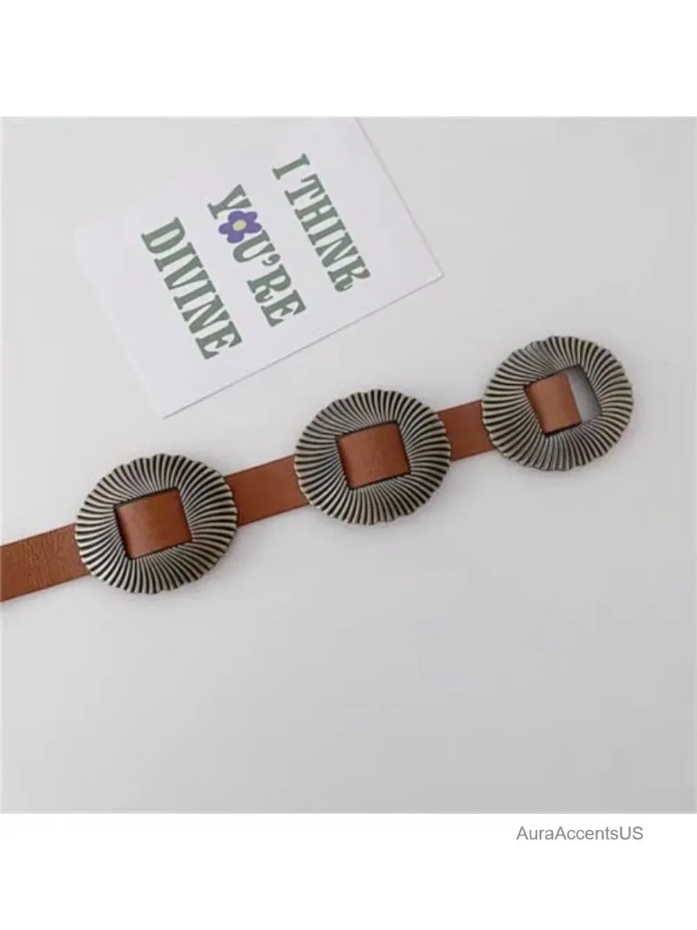 Western Concho Belt with Gold Buckle Adjustable Faux Leather Wide Disc Belt